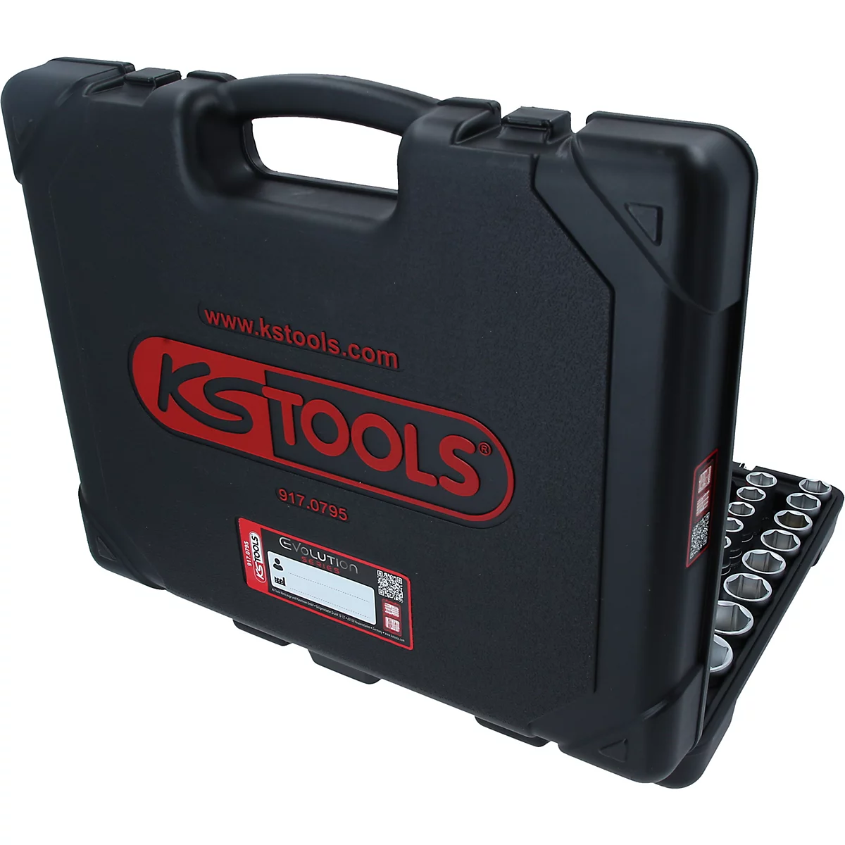 Boîte à outils noire avec le logo rouge KS Tools. Un côté de la boîte ouverte montre une série de douilles.